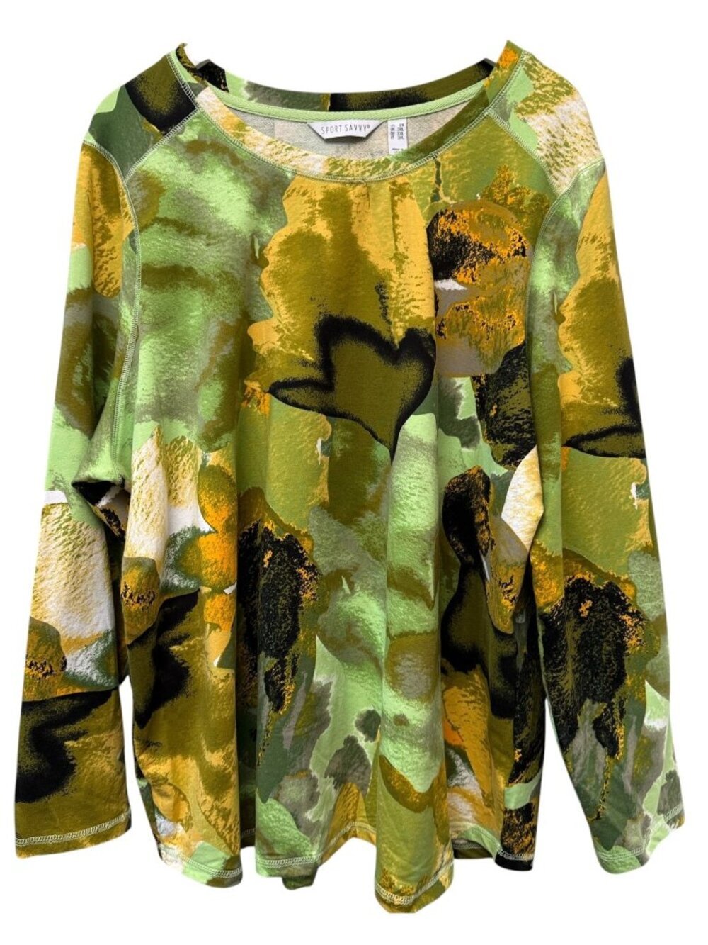 Sport Savvy Green Abstract Tee Plus Size 2X French Terry Long Sleeve Womens Top